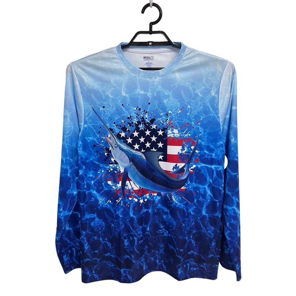 Kobalt 1 Men's Long Sleeve Blue American Flag Crew Neck Graphic Tee Size L